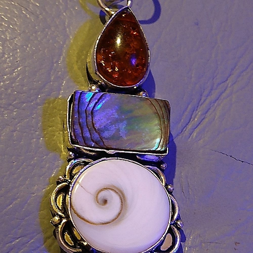 BALTIC AMBER, ABALONE/& SHIVA, PENDANT.  *(18" STERLING CHAIN.